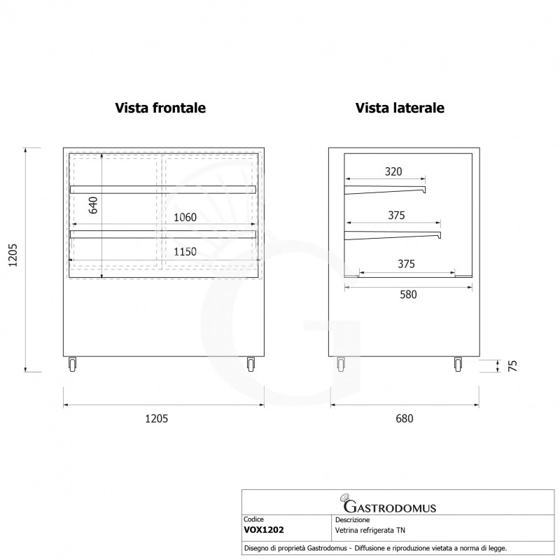 Vetrina Refrigerata Ventilata 410 LT +2°C/+8°C 4 lati vetro, L 1205 mm
