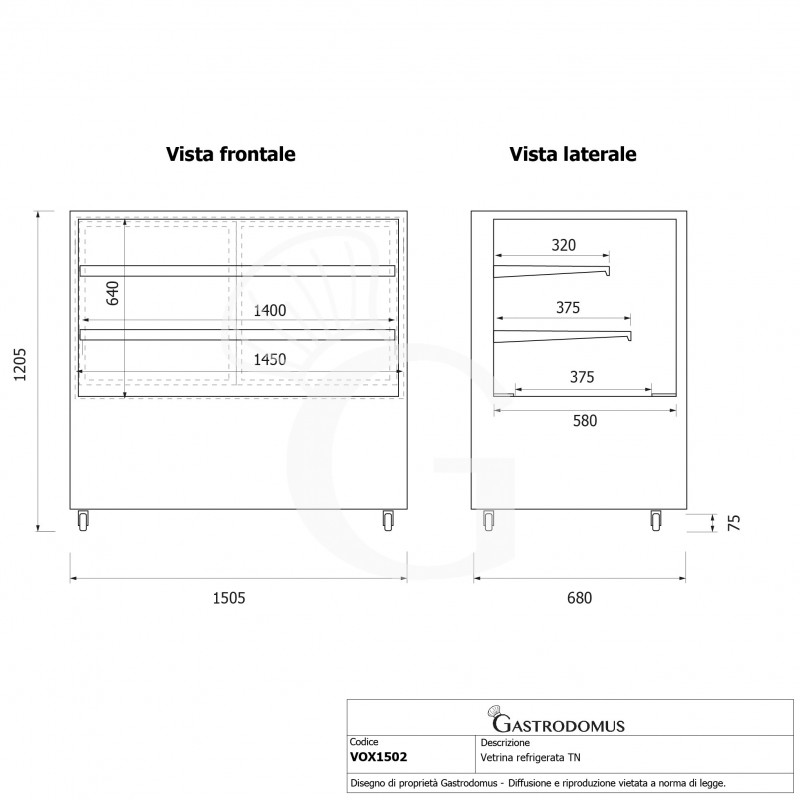Vetrina Refrigerata Ventilata 510 LT +2°C/+8°C 4 lati vetro, L 1505 mm