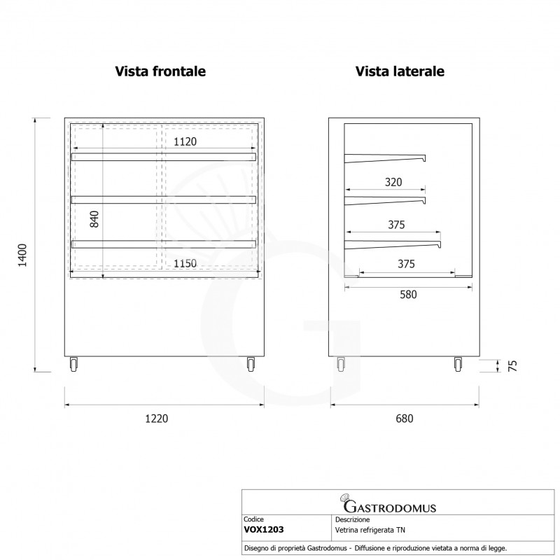 Vetrina Refrigerata Ventilata 530 LT +2°C/+8°C 4 lati vetro, L 1220 mm