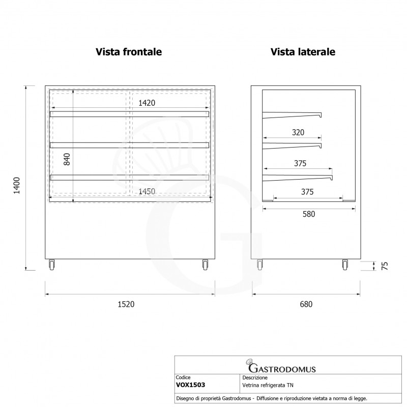Vetrina Refrigerata Ventilata 670 LT +2°C/+8°C 4 lati vetro, L 1520 mm