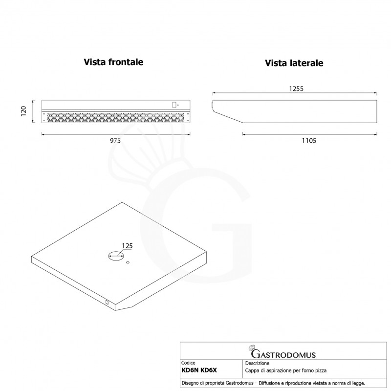 Cappa inox colore nero per forno pizza - L 975 mm x P 1255 mm x H 128 mm