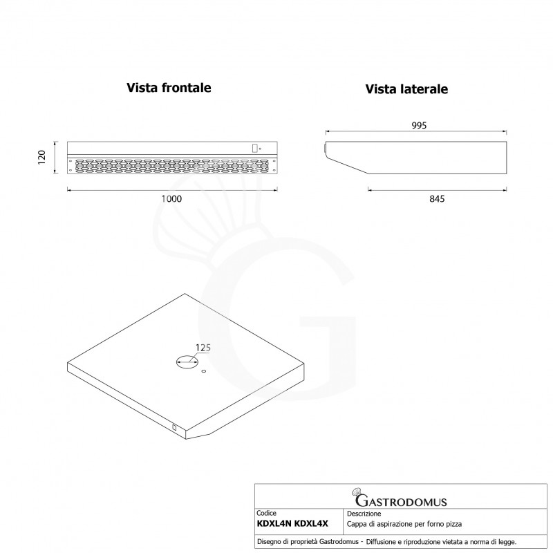 Cappa inox colore nero per forno pizza - L 1000 mm x P 995 mm x H 120 mm