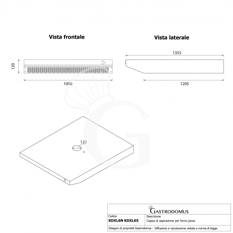 Cappa inox per forno pizza dimensioni L 1000 x P 1355 x H 120 mm