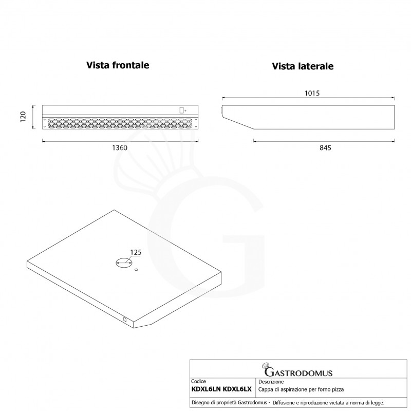 Cappa inox per forno pizza - L 1360 mm x P 1015 mm x H 120 mm