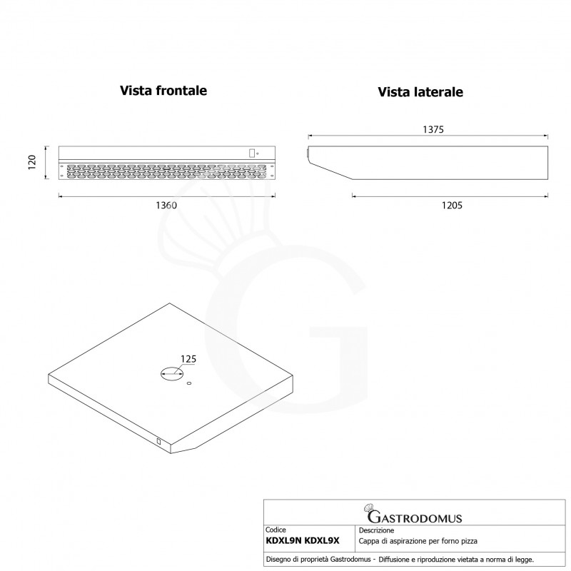 Cappa inox per forno pizza - L 1360 mm x P 1375 mm x H 120 mm