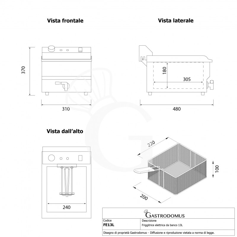 Friggitrice elettrica da banco con rubinetto 1 vasca 13 LT potenza 4 KW Monofase