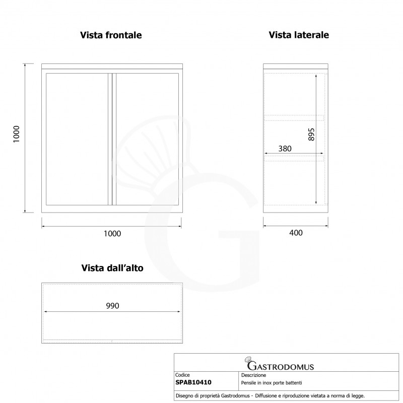 Pensile inox con 2 porte battenti, 2 ripiani, L 1000 x P 400 x H 1000 mm