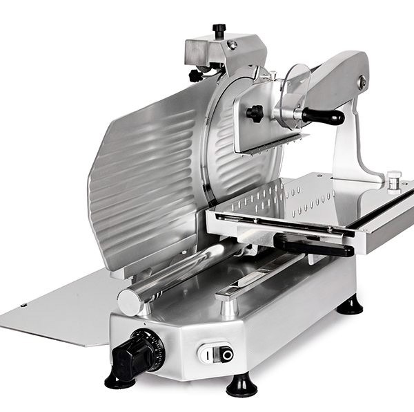 Affettatrice per salumi interi verticale in alluminio, lama diametro 350 mm, affilatoio fisso