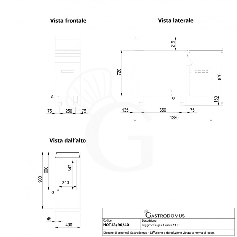 Friggitrice Professionale a gas su armadio chiuso 1 vasca 13 LT 12 Kw