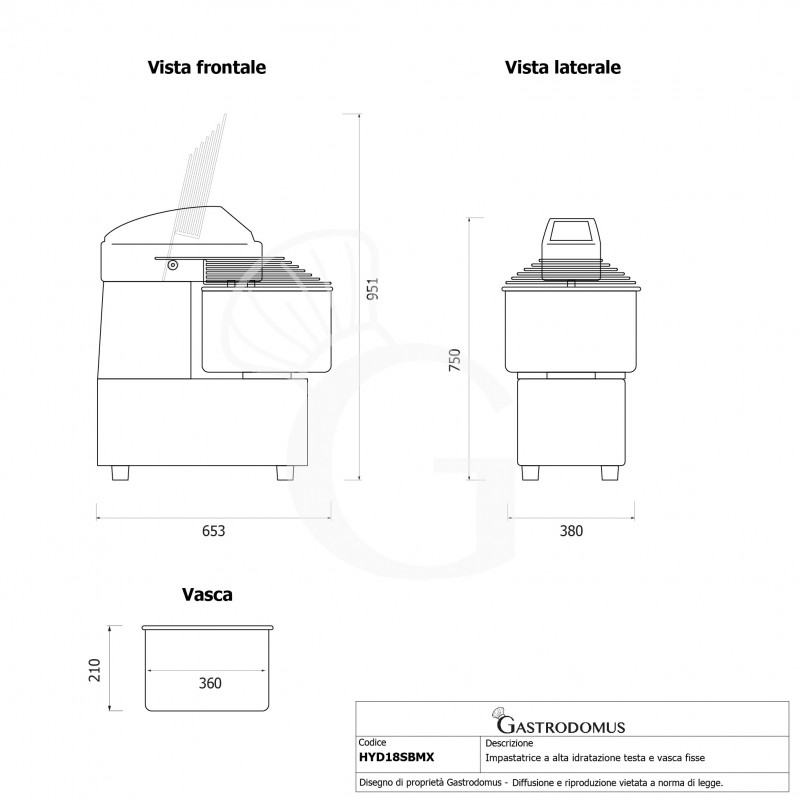 Impastatrice ad elevata idratazione testa e vasca fissa - 22LT - Monofase - velocità variabile