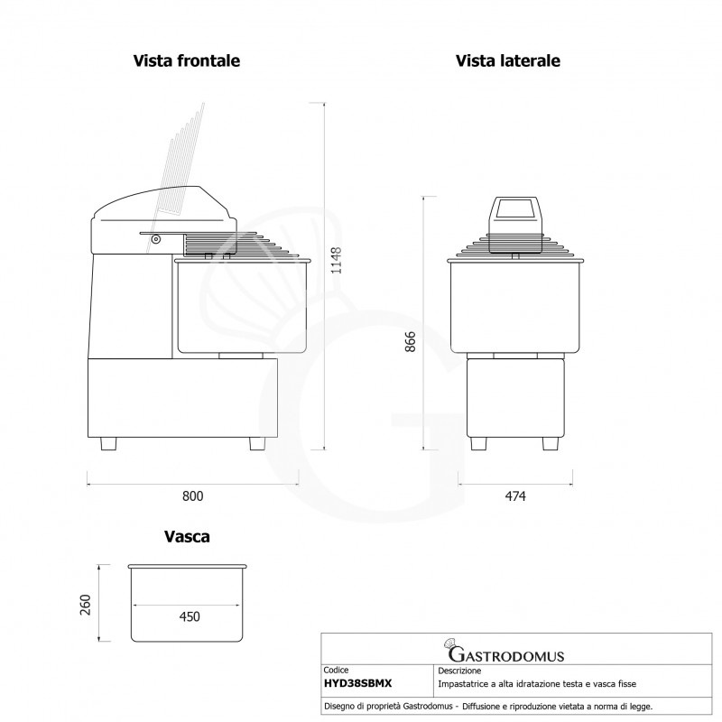 Impastatrice ad elevata idratazione testa e vasca fissa - 42LT - Monofase - velocità variabile