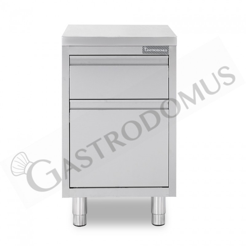 Cassettiera in acciaio inox con cassetto e bottigliera, L 500 x P 600 x H 850 mm Cassettiera in acciaio inox con cassetto e bottigliera, L 500 x P 600 x H 850 mm