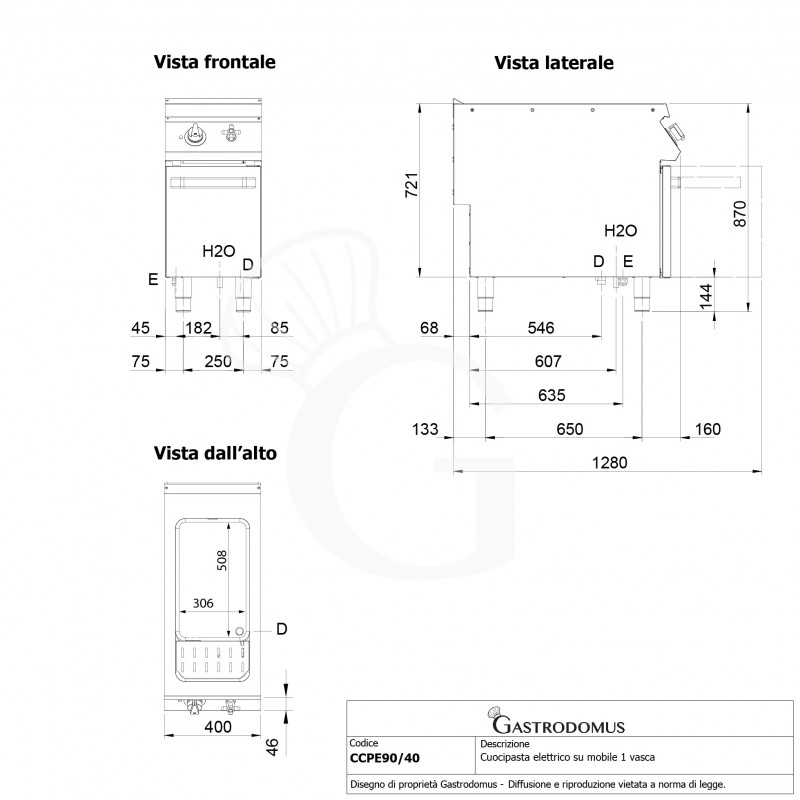 Cuocipasta professionale elettrico su mobile chiuso 1 vasca 40 LT L 400 mm x P 900 mm x H 870 mm