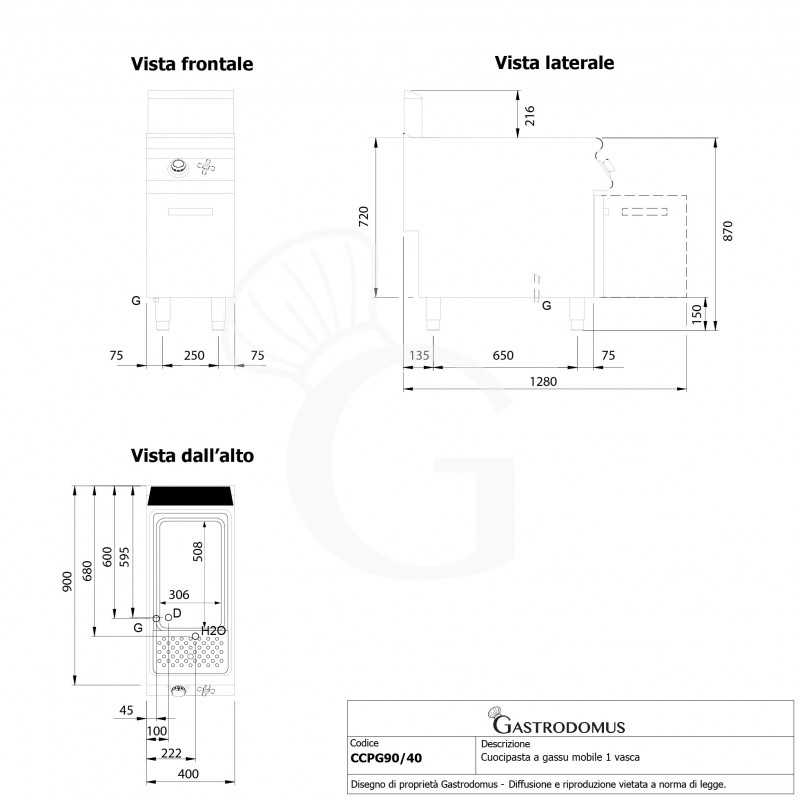 Cuocipasta professionale a gas su mobile chiuso 1 vasca 40 LT L 400 mm x P 900 mm x H 870 mm