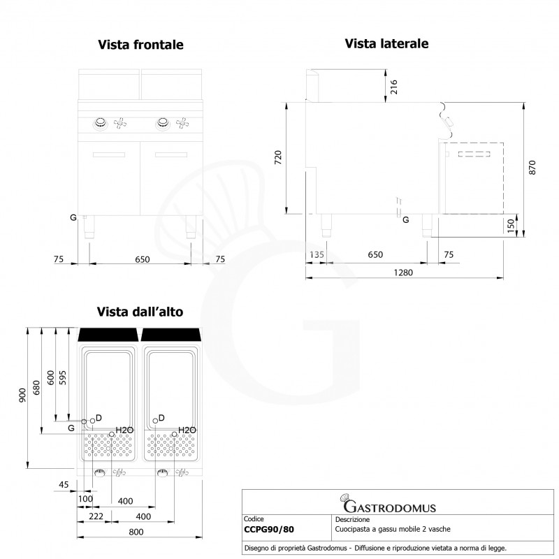 Cuocipasta professionale a gas su mobile chiuso 2 vasche 40 LT + 40 LT L 800 mm x P 900 mm x H 870 mm