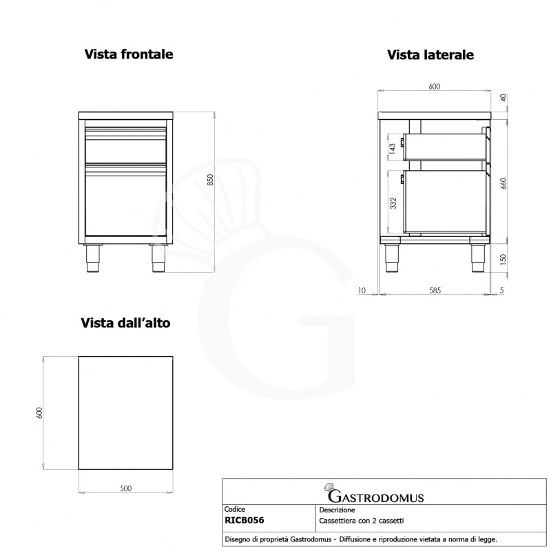 Cassettiera in acciaio inox con cassetto e bottigliera, L 500 x P 600 x H 850 mm
