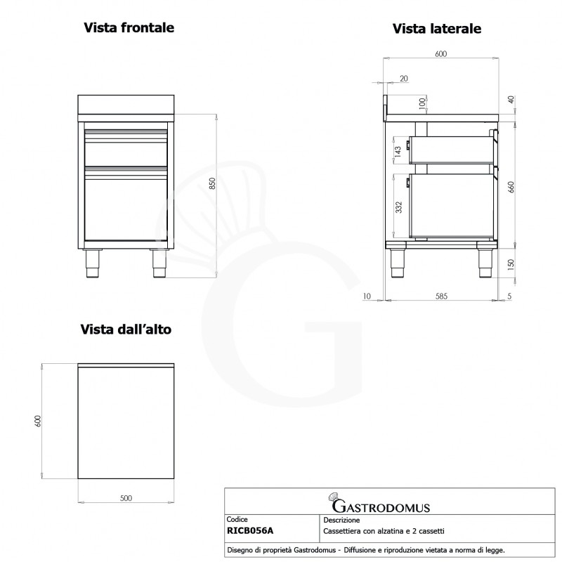 Cassettiera in acciaio inox con cassetto, bottigliera, alzatina, L 500 x P 600 x H 950 mm