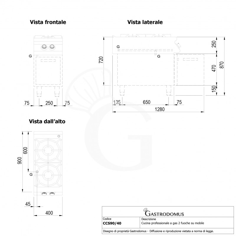 Cucina professionale a gas 2 fuochi armadio aperto profondità 900 mm