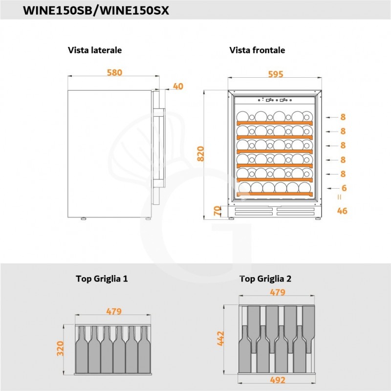 Cantina Vino Ventilata porta inox 150 LT 6 ripiani capacità 46 bottiglie +5°C/+22°C