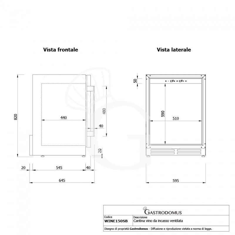 Cantina Vino da incasso Ventilata 150 LT 6 ripiani capacità 46 bottiglie +5°C/+22°C - Vista frontale e laterale