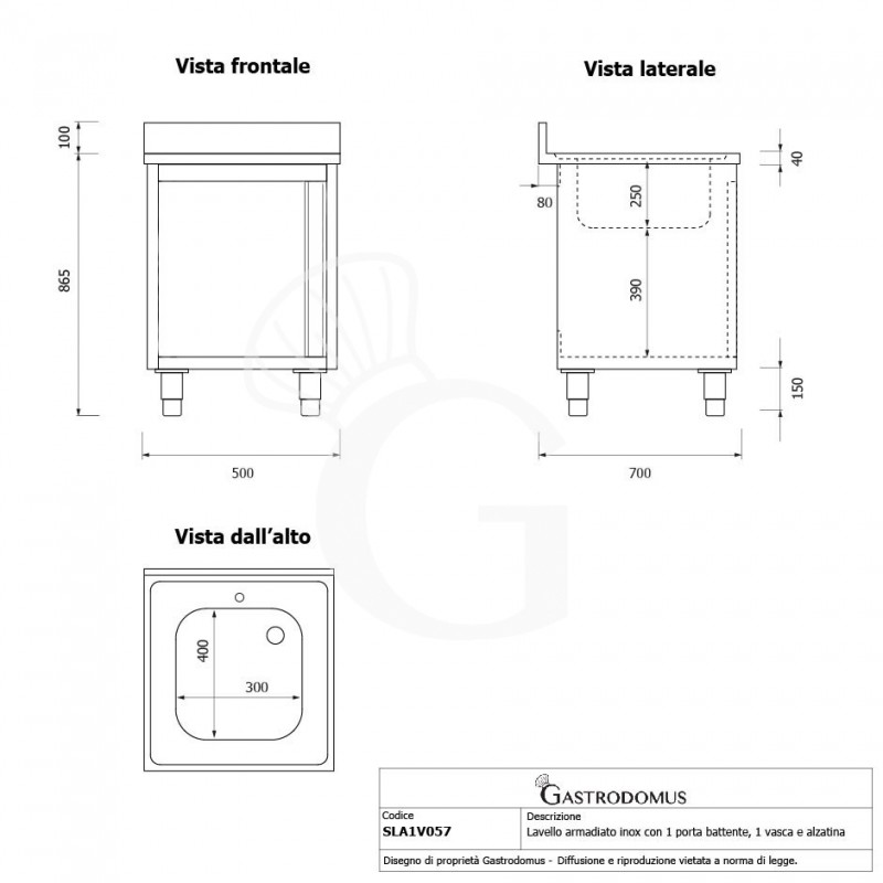 Lavello armadiato 1 porta battente, 1 vasca, alzatina, L 500 mm x P 700 mm x H 965 mm - con foro rubinetto Ø 32 mm