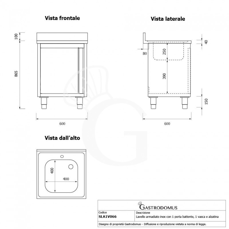 Lavello armadiato 1 porta battente, 1 vasca, alzatina, L 600 mm x P 600 mm x H 965 mm - con foro rubinetto Ø 32 mm