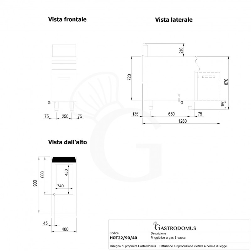 Friggitrice Professionale a gas su armadio chiuso 1 vasca 22 LT 20 Kw