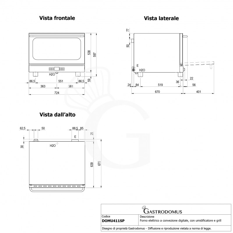 Forno per cornetti elettrico a convezione , umidificatore e grill, porta ribalta, comandi digitali, 4 teglie GN 1/1 530x325 mm