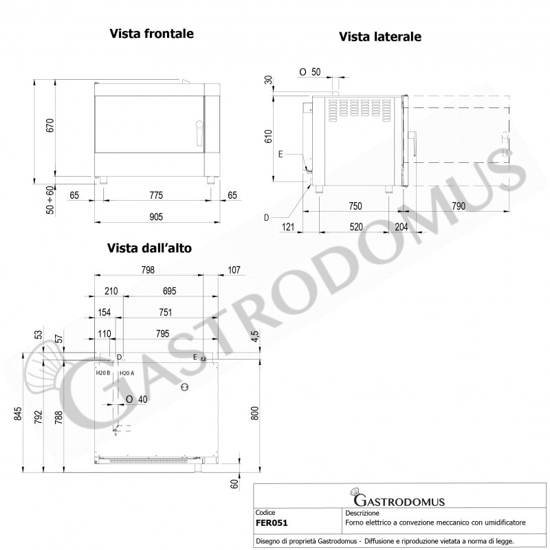 Forno elettrico a convezione, comandi elettromeccanici con umidificatore, per 5 teglie GN1/1 o 600x400 mm