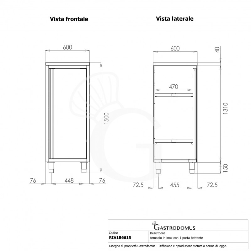 Armadio inox con 1 porta battente, 2 ripiani, L 600 x P 600 x H 1500 mm