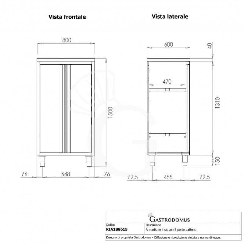 Armadio inox con 2 porte battenti, 2 ripiani, L 800 x P 600 x H 1500 mm