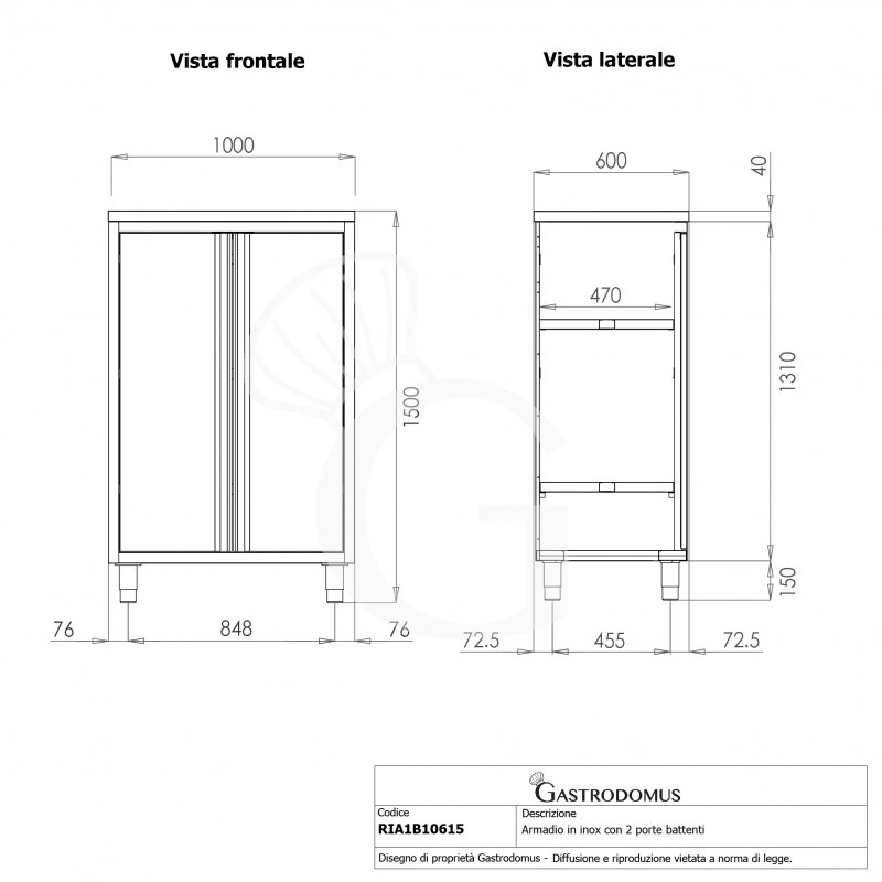 Armadio inox con 2 porte battenti, 2 ripiani, L 1000 x P 600 x H 1500 mm