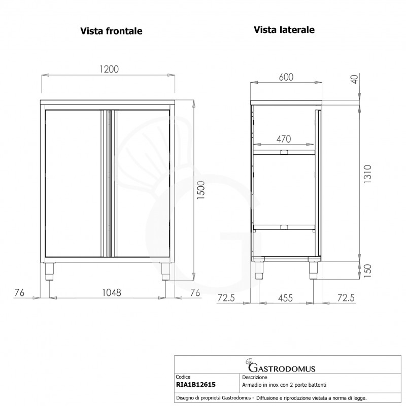 Armadio inox con 2 porte battenti, 2 ripiani, L 1200 x P 600 x H 1500 mm