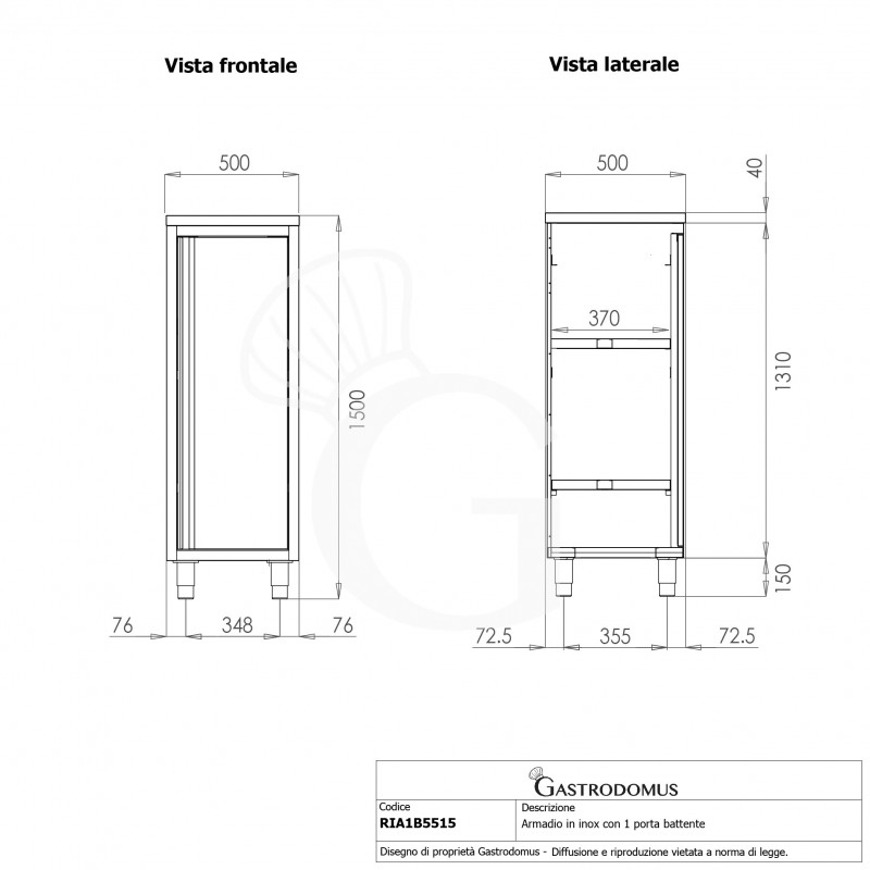 Armadio inox con 1 porta battente, 2 ripiani, L 500 x P 500 x H 1500 mm