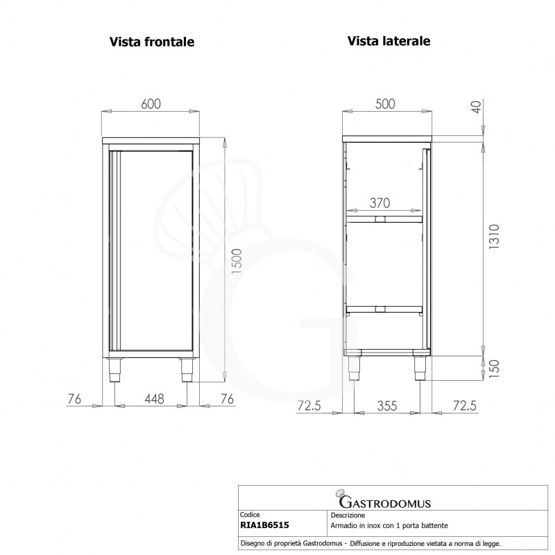 Armadio in acciaio inox con 1 porta battente, 2 ripiani, L 600 x P 500 x H 1500 mm