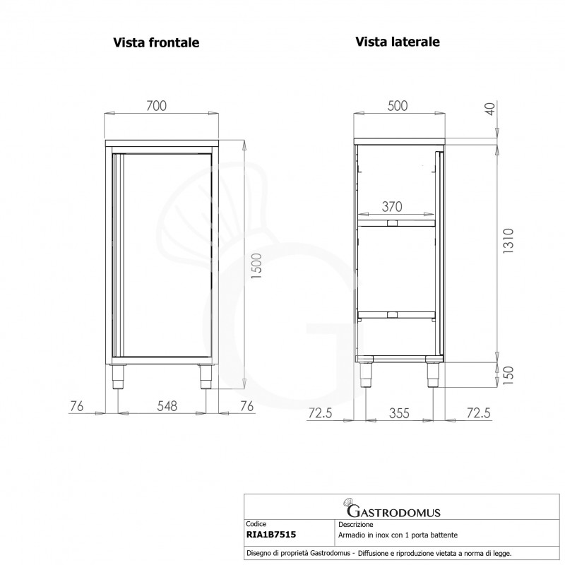 Armadio in acciaio inox con 1 porta battente, 2 ripiani, L 700 x P 500 x H 1500 mm