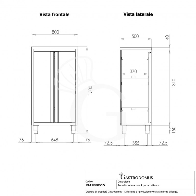 Armadio inox con 2 porte battenti, 2 ripiani, L 800 x P 500 x H 1500 mm