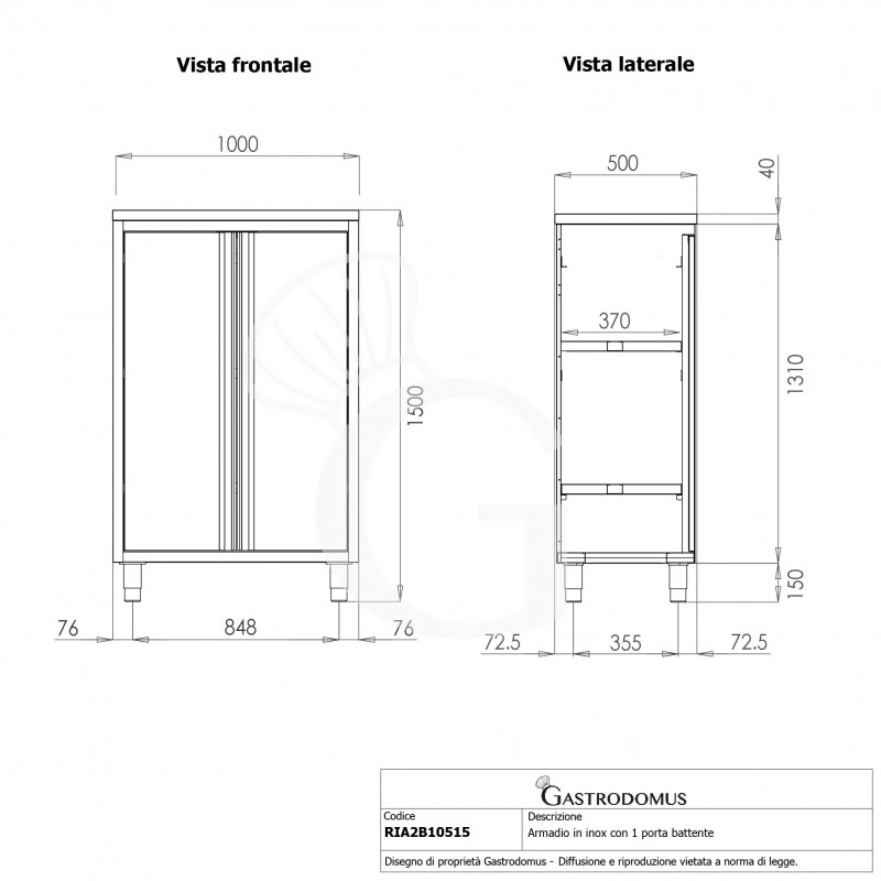 Armadio inox con 2 porte battenti, 2 ripiani, L 1000 x P 500 x H 1500 mm