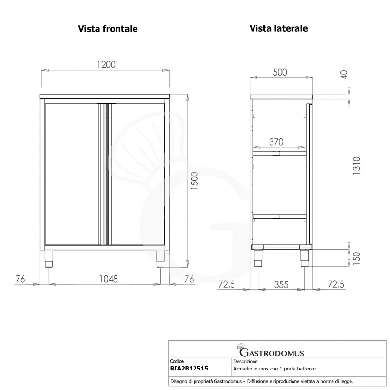 Armadio inox con 2 porte battenti, 2 ripiani, L 1200 x P 500 x H 1500 mm