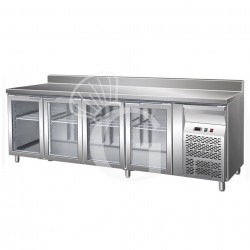 Tavolo refrigerato ventilato 4 porte in vetro alzatina Prof. 700 mm +2°C/+8°C