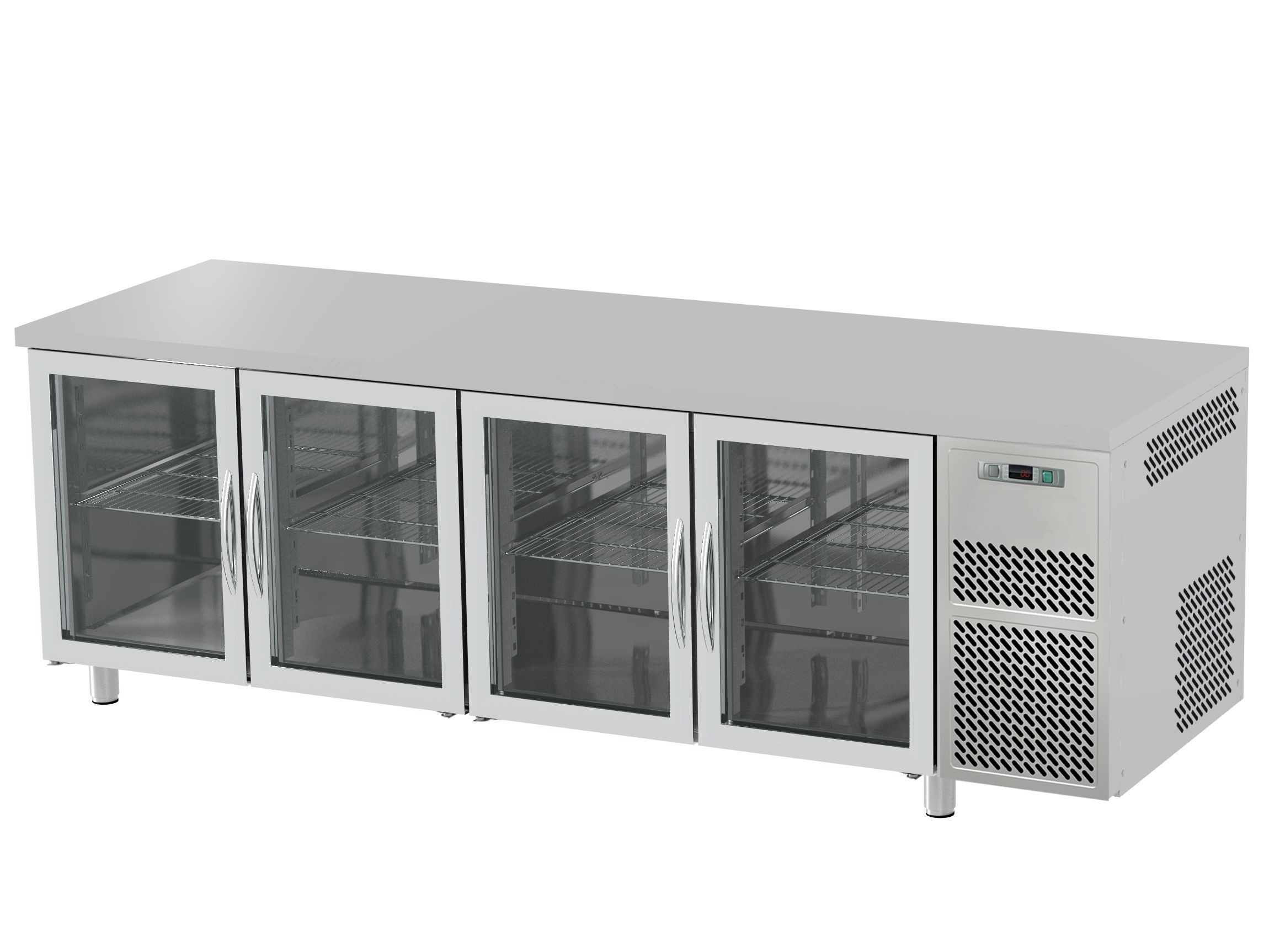 Tavolo Refrigerato 4 porte in vetro Prof. 600 0°C/+10°C piano in inox