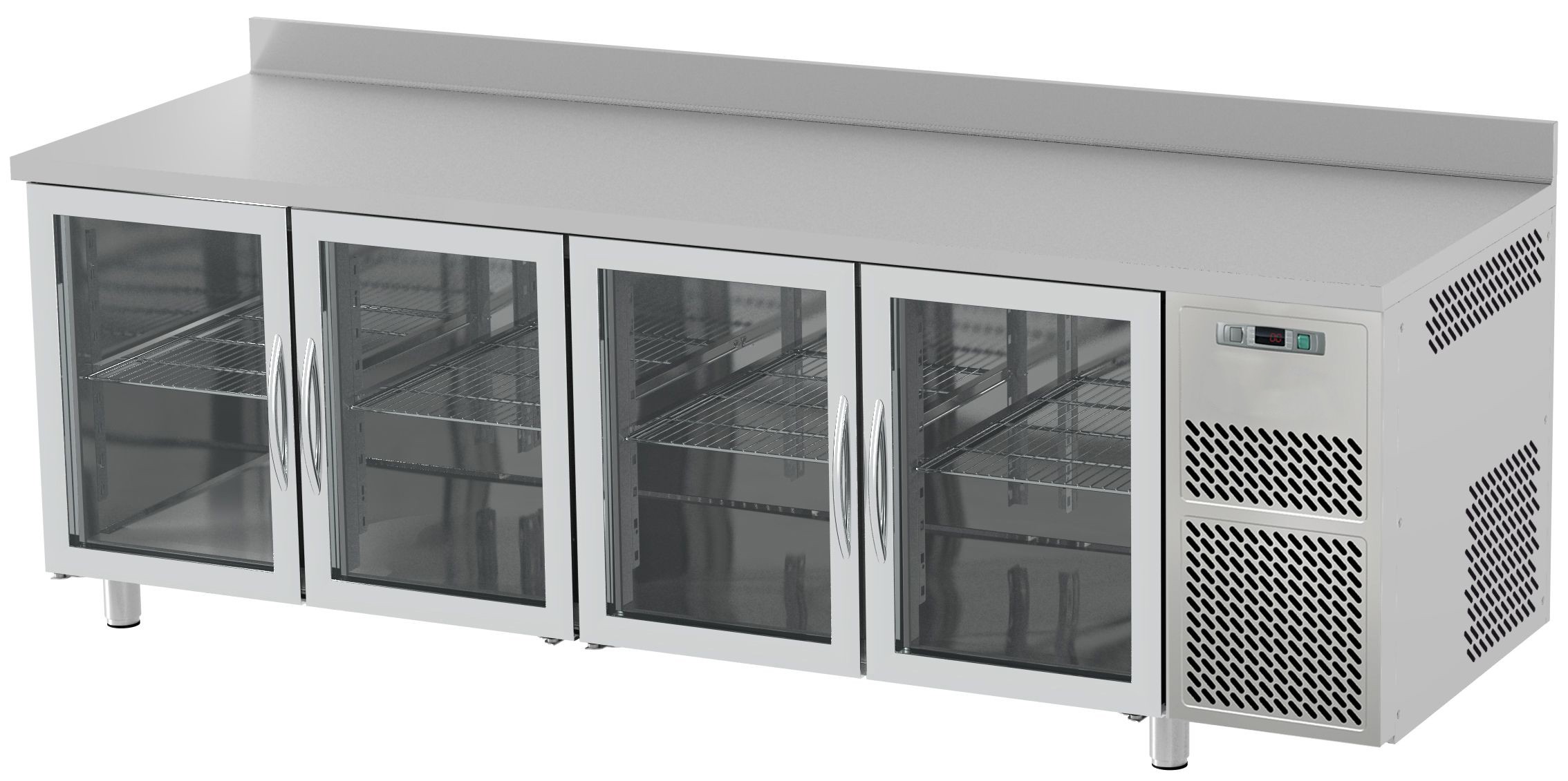 Tavolo Refrigerato 4 porte in vetro alzatina Prof. 600 mm 0°C/+10°C piano in inox