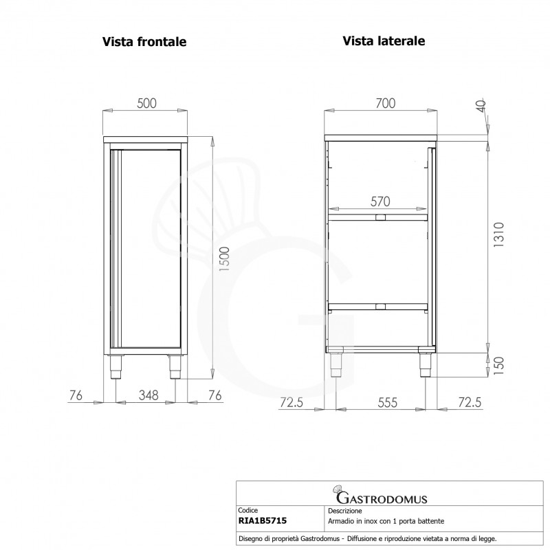 Armadio inox con 1 porta battente, 2 ripiani, L 500 x P 700 x H 1500 mm