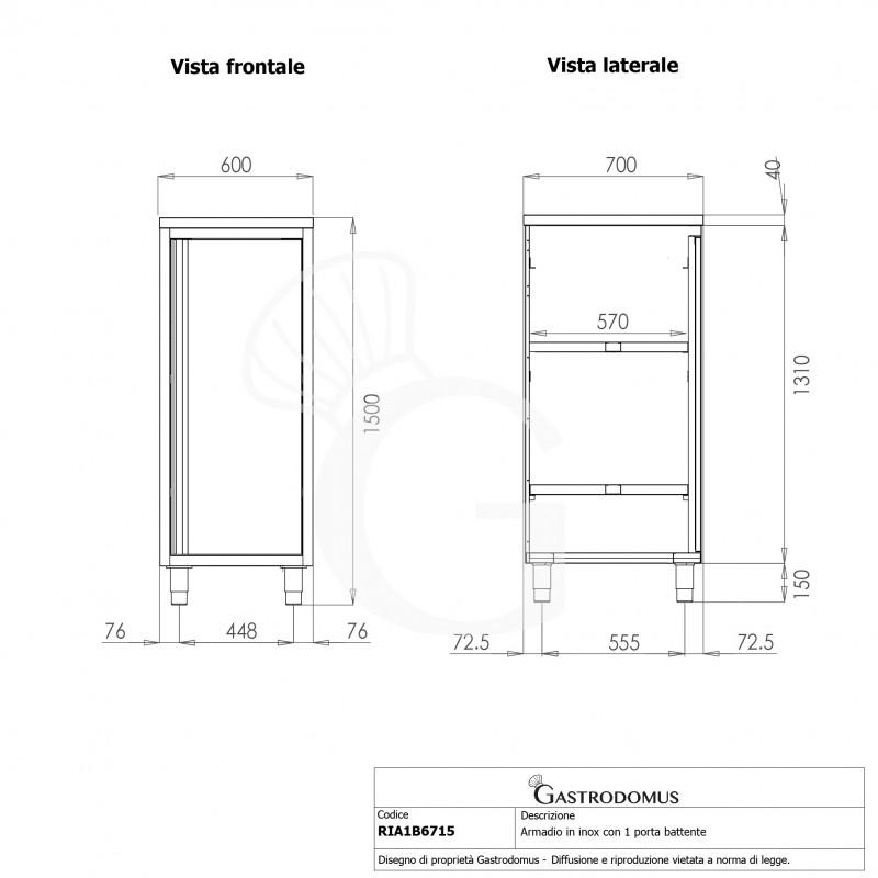 Armadio inox con 1 porta battente, 2 ripiani, L 600 x P 700 x H 1500 mm