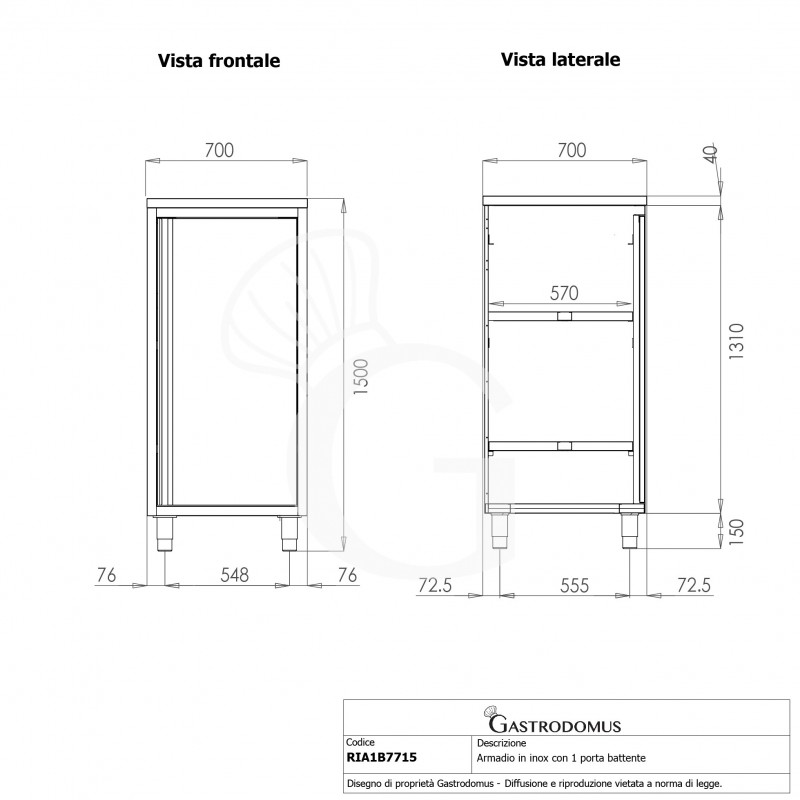 Armadio inox con 1 porta battente, 2 ripiani, L 700 x P 700 x H 1500 mm