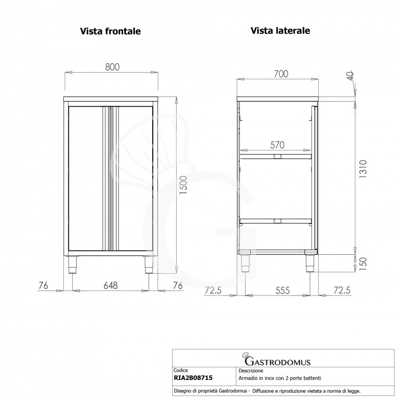 Armadio inox con 2 porte battenti, 2 ripiani, L 800 x P 700 x H 1500 mm