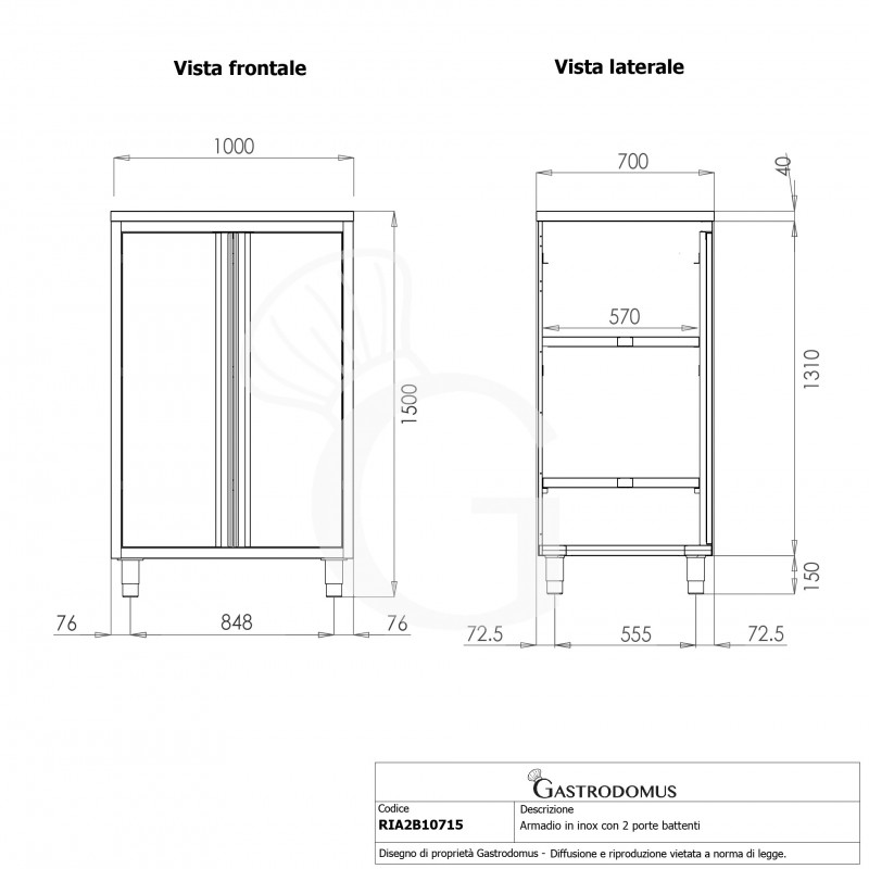 Armadio inox con 2 porte battenti, 2 ripiani, L 1000 x P 700 x H 1500 mm