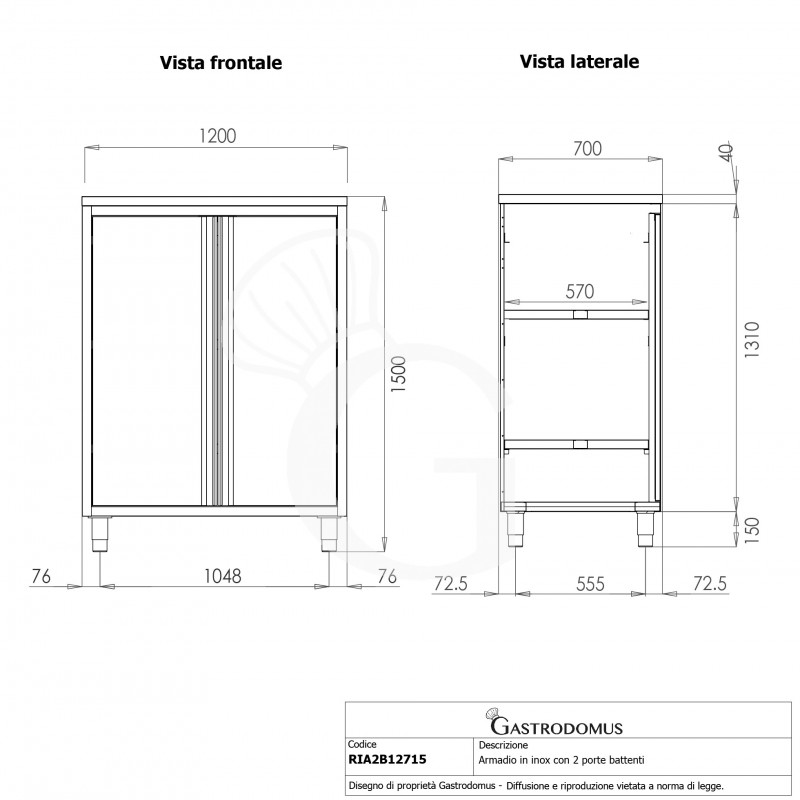 Armadio inox con 2 porte battenti, 2 ripiani, L 1200 x P 700 x H 1500 mm