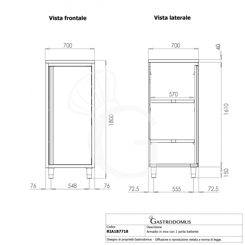 Armadio inox con 1 porta battente, 3 ripiani, L 700 x P 700 x H 1800 mm