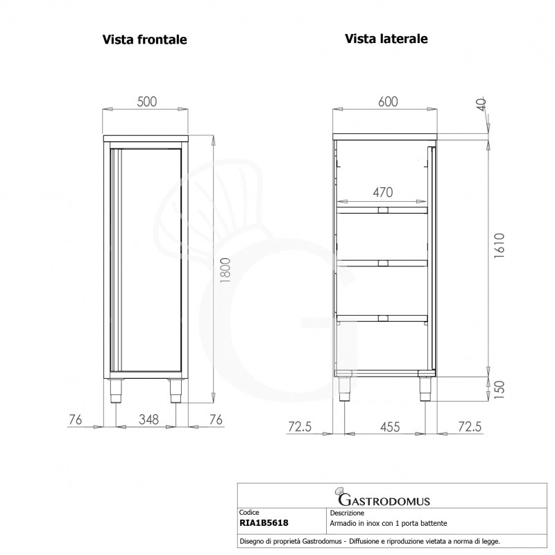 Armadio inox con 1 porta battente, 3 ripiani, L 500 x P 600 x H 1800 mm